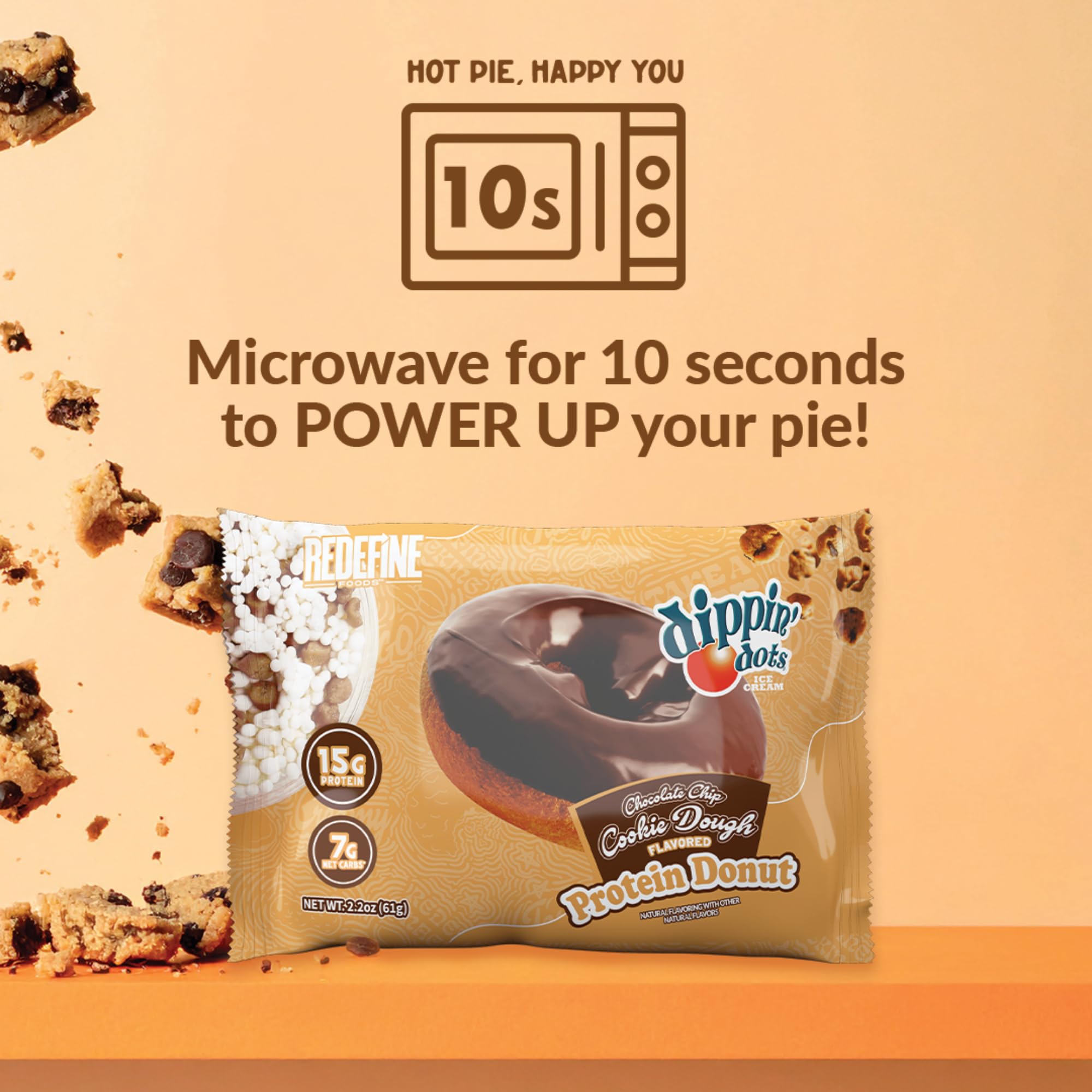 REDEFINE Dippin' Dots Protein Donut bite image, inviting chocolate chip cookie dough