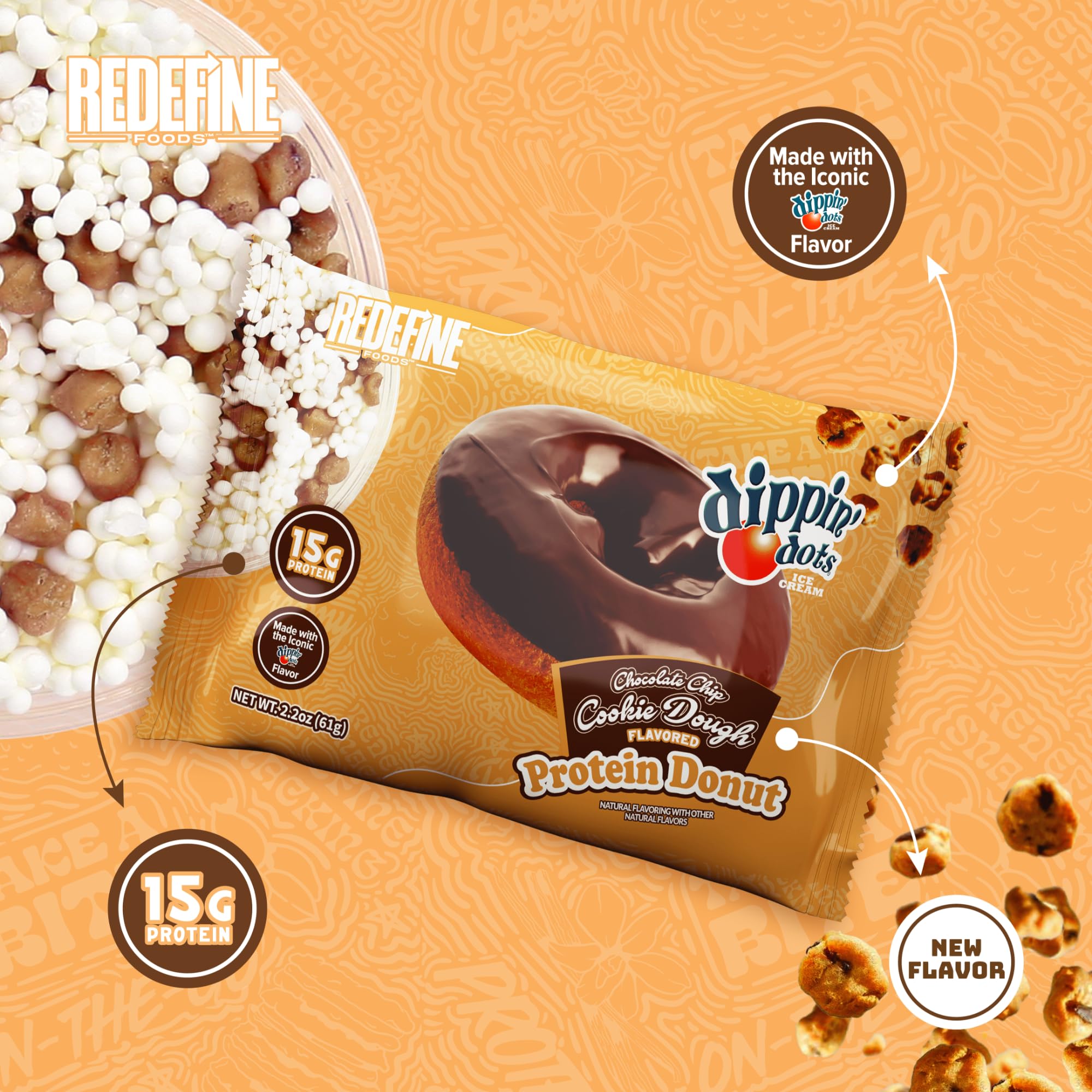 REDEFINE Dippin' Dots Protein Donut slice close-up with cookie dough chips