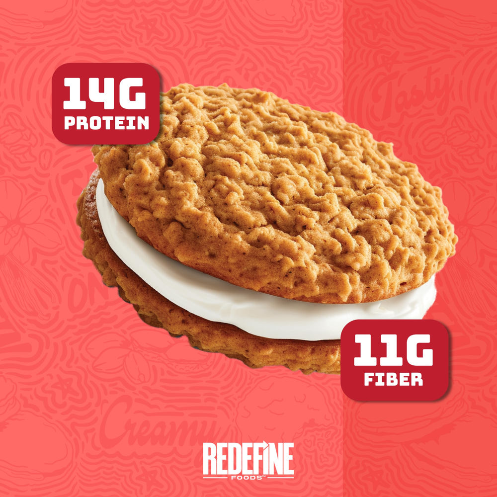REDEFINE Oatmeal Protein Pie original bite close-up emphasizing 14g protein per serving