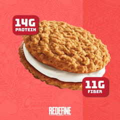 REDEFINE Oatmeal Protein Pie original bite close-up emphasizing 14g protein per serving
