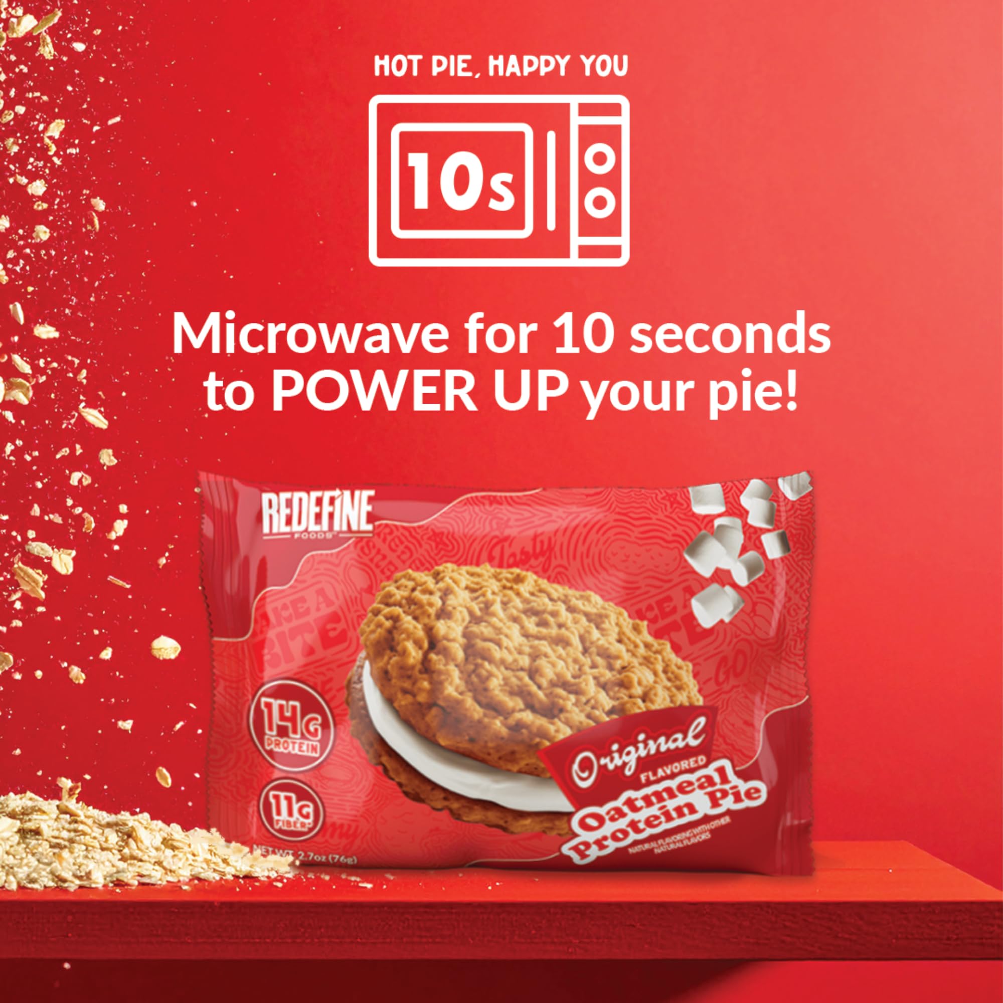 REDEFINE Oatmeal Protein Pie original foil wrapper, showcasing convenient grab-and-go packaging
