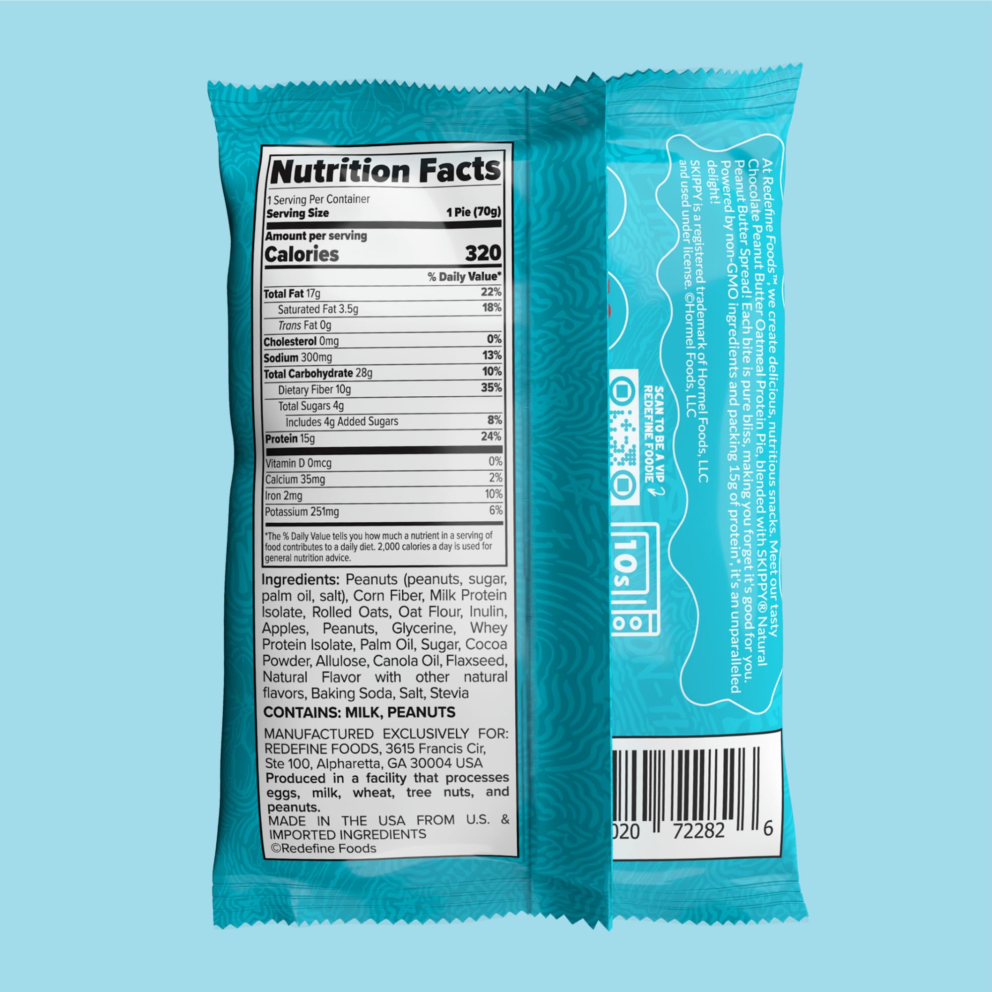 Nutrition panel highlighting 15g protein and 10g fiber per serving