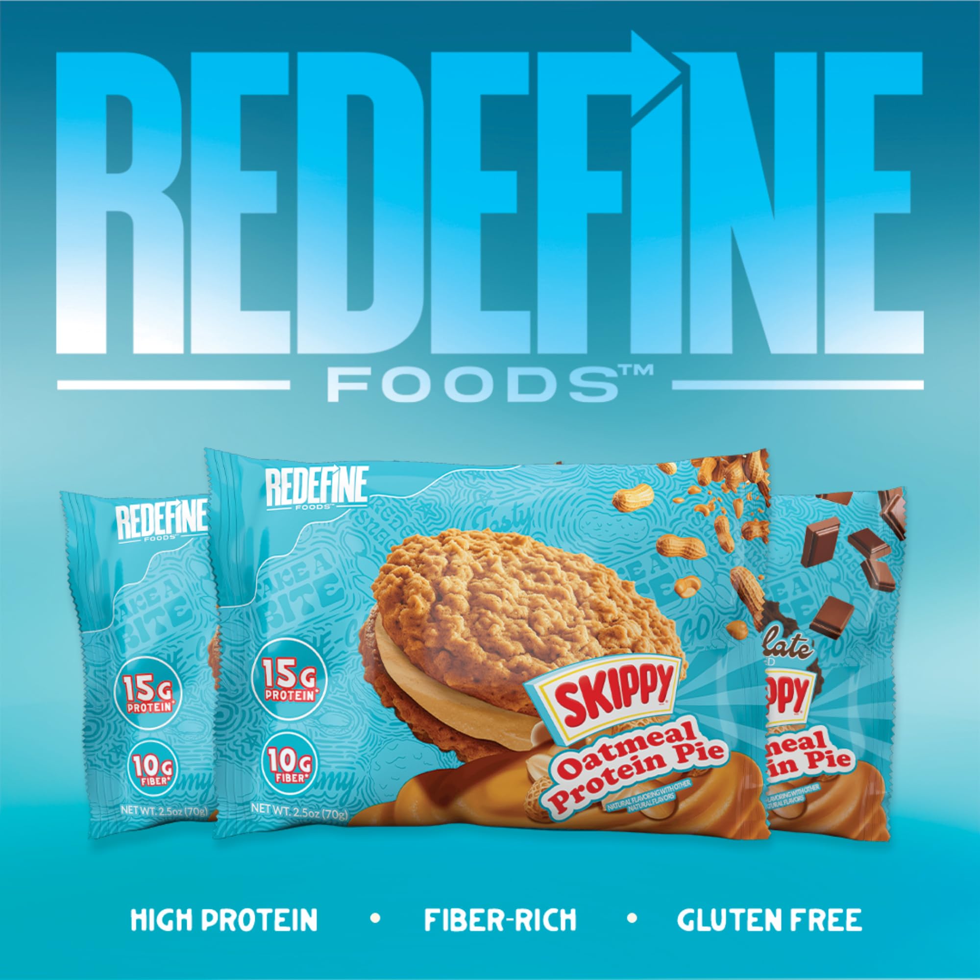 Hand-held REDEFINE Oatmeal Protein Pie showing portable high-protein snack option