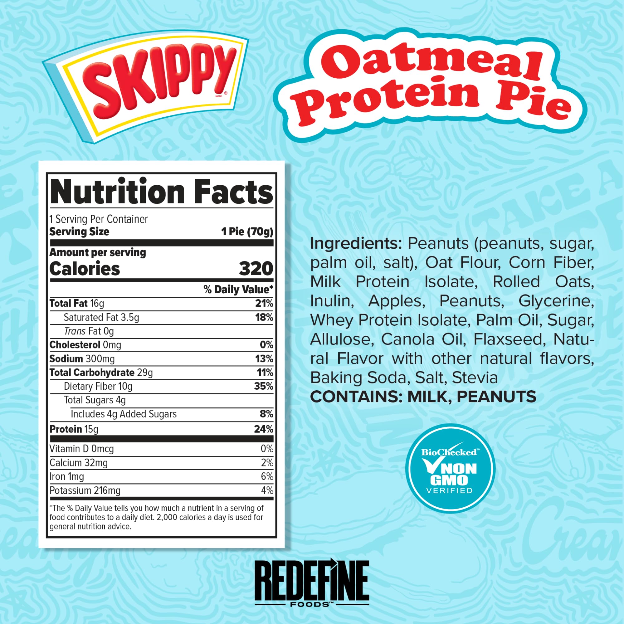 REDEFINE Oatmeal Protein Pie nutrition panel showing 15g protein per serving