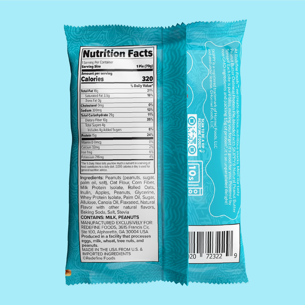 REDEFINE Oatmeal Protein Pie packaging back noting fiber content for gut-friendly snacking
