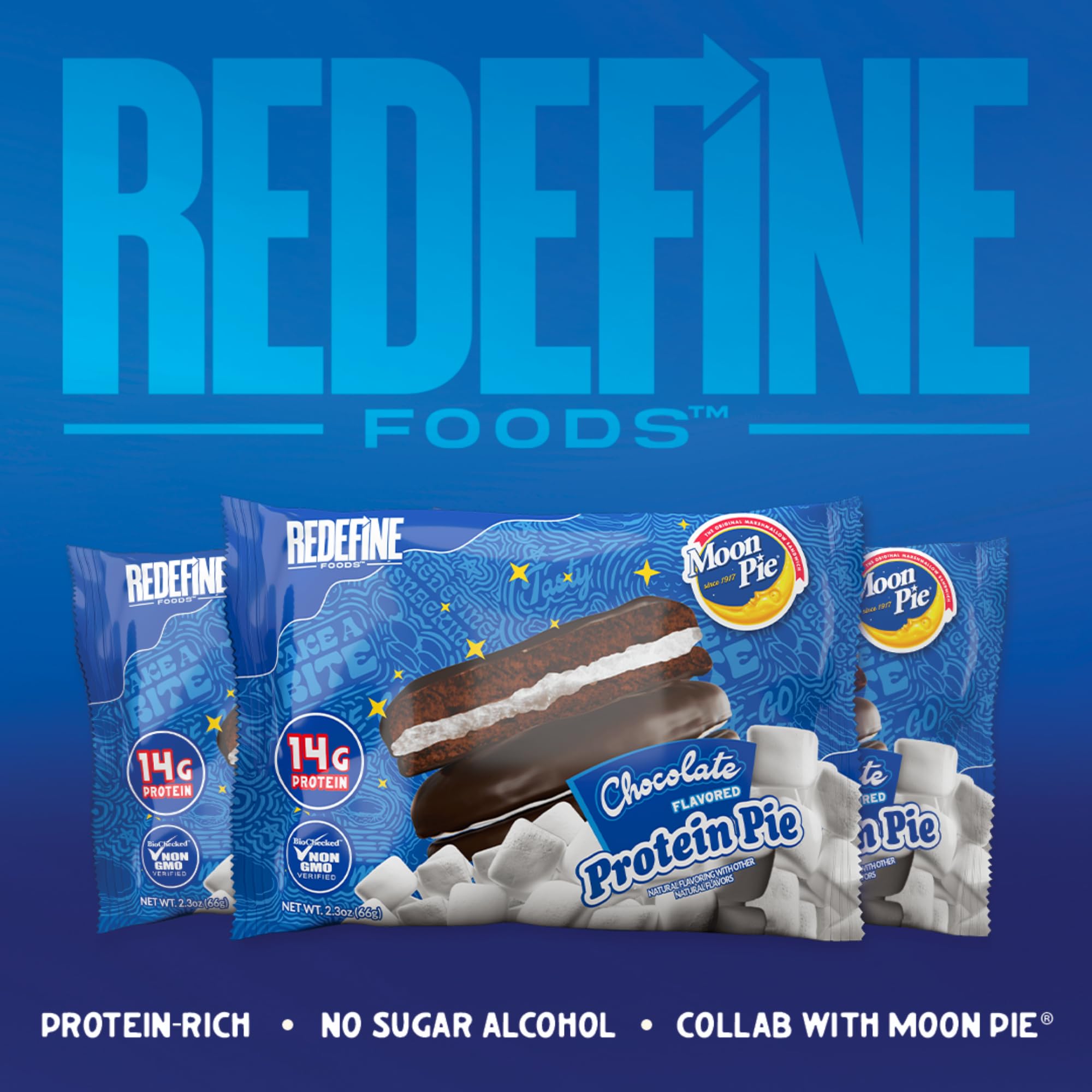 REDEFINE Protein Pie MoonPie Chocolate 8-count box, ideal protein snack for busy days.