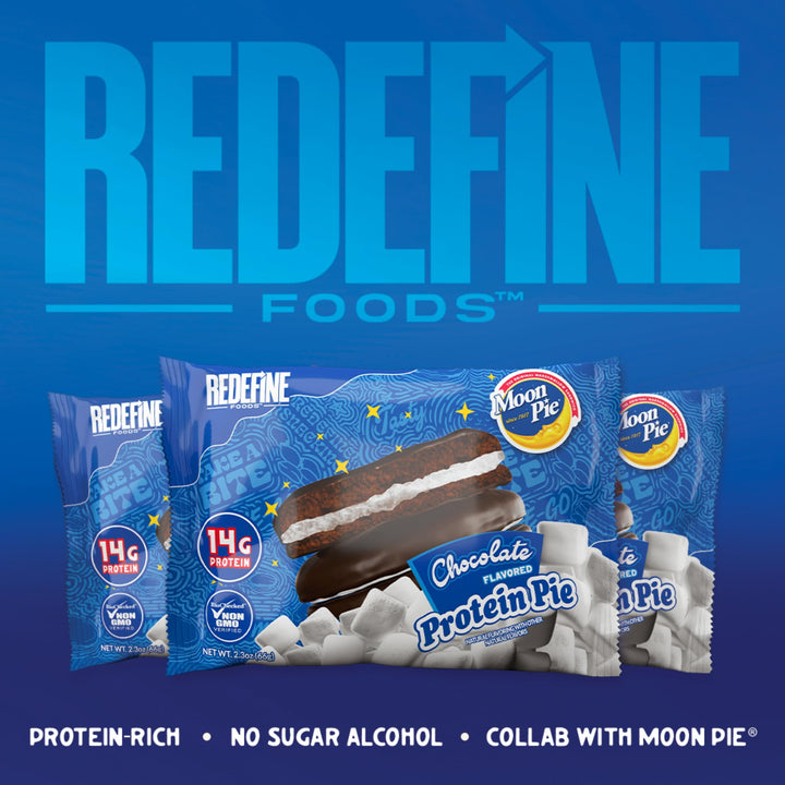 REDEFINE Protein Pie MoonPie Chocolate 8-count box, ideal protein snack for busy days.