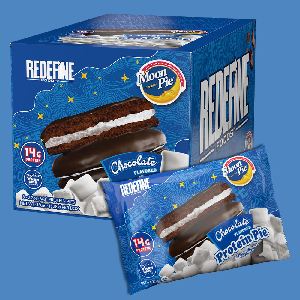 REDEFINE Protein Pie MoonPie Chocolate bar close-up with glossy chocolate coating.
