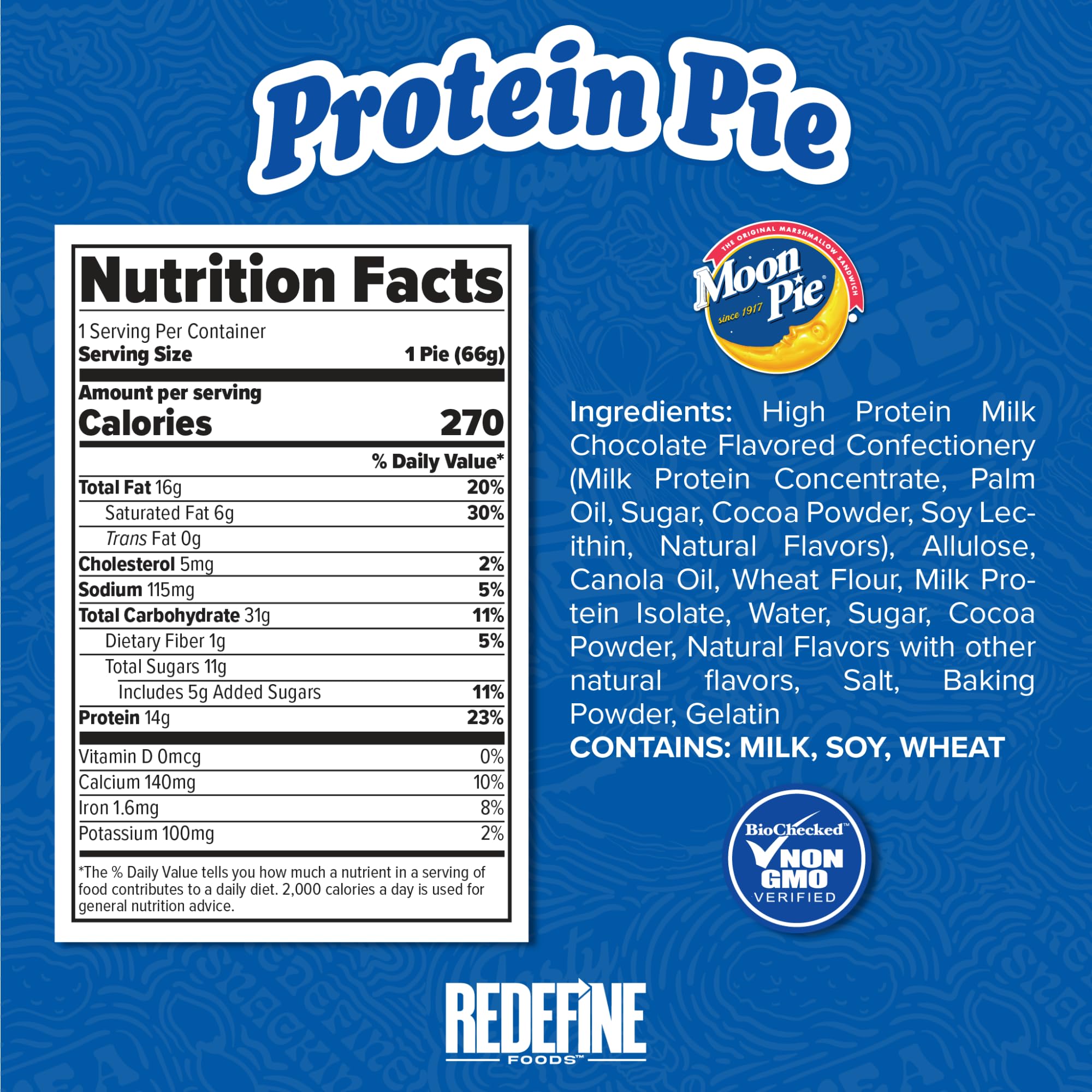 REDEFINE Protein Pie MoonPie Chocolate pack back, nutrition highlights and authenticity.