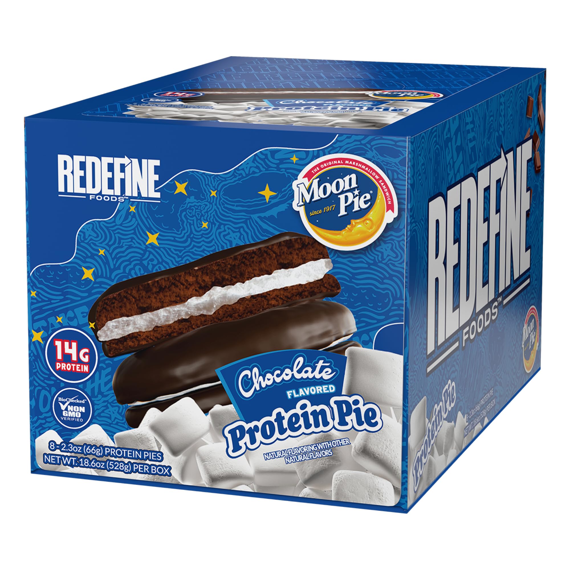 REDEFINE Protein Pie MoonPie Chocolate pack front, convenient 8-count for on-the-go fueling.