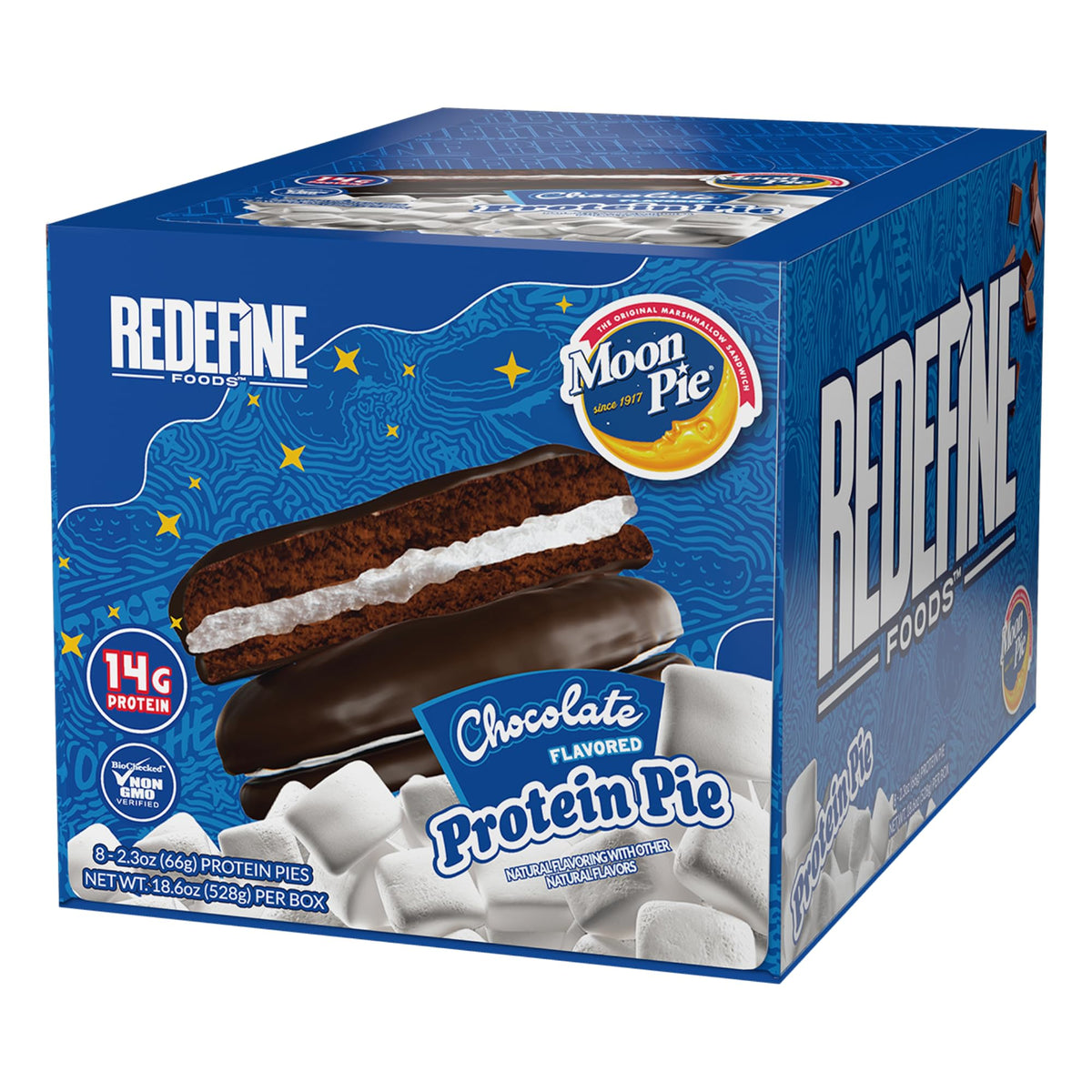REDEFINE Protein Pie MoonPie Chocolate pack front, convenient 8-count for on-the-go fueling.