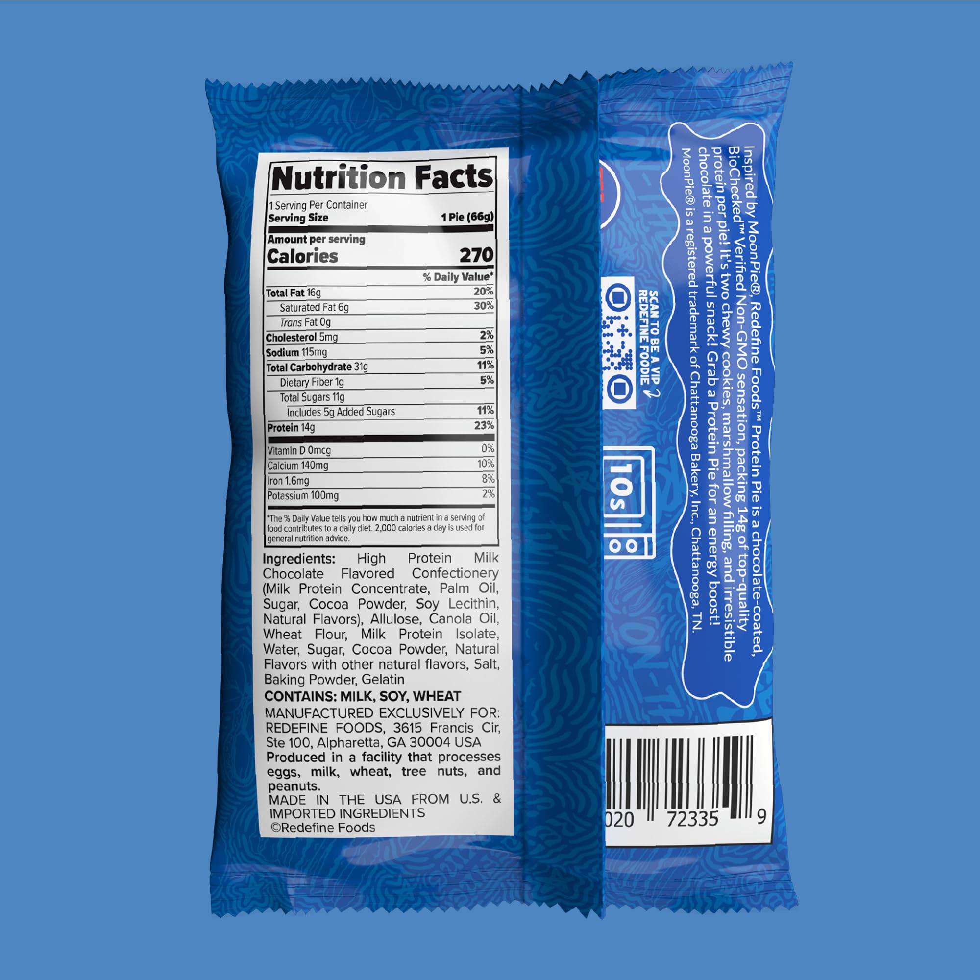 REDEFINE Protein Pie MoonPie Chocolate pack open, showing two cookies and marshmallow core.