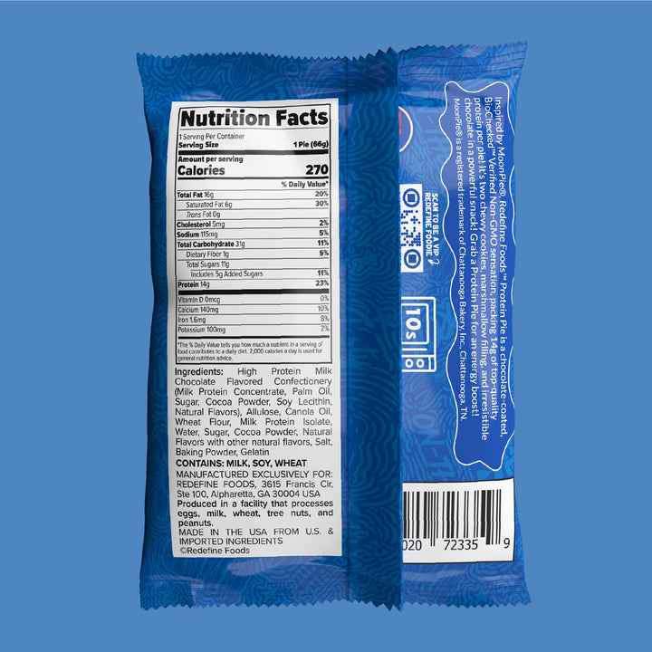 REDEFINE Protein Pie MoonPie Chocolate pack open, showing two cookies and marshmallow core.
