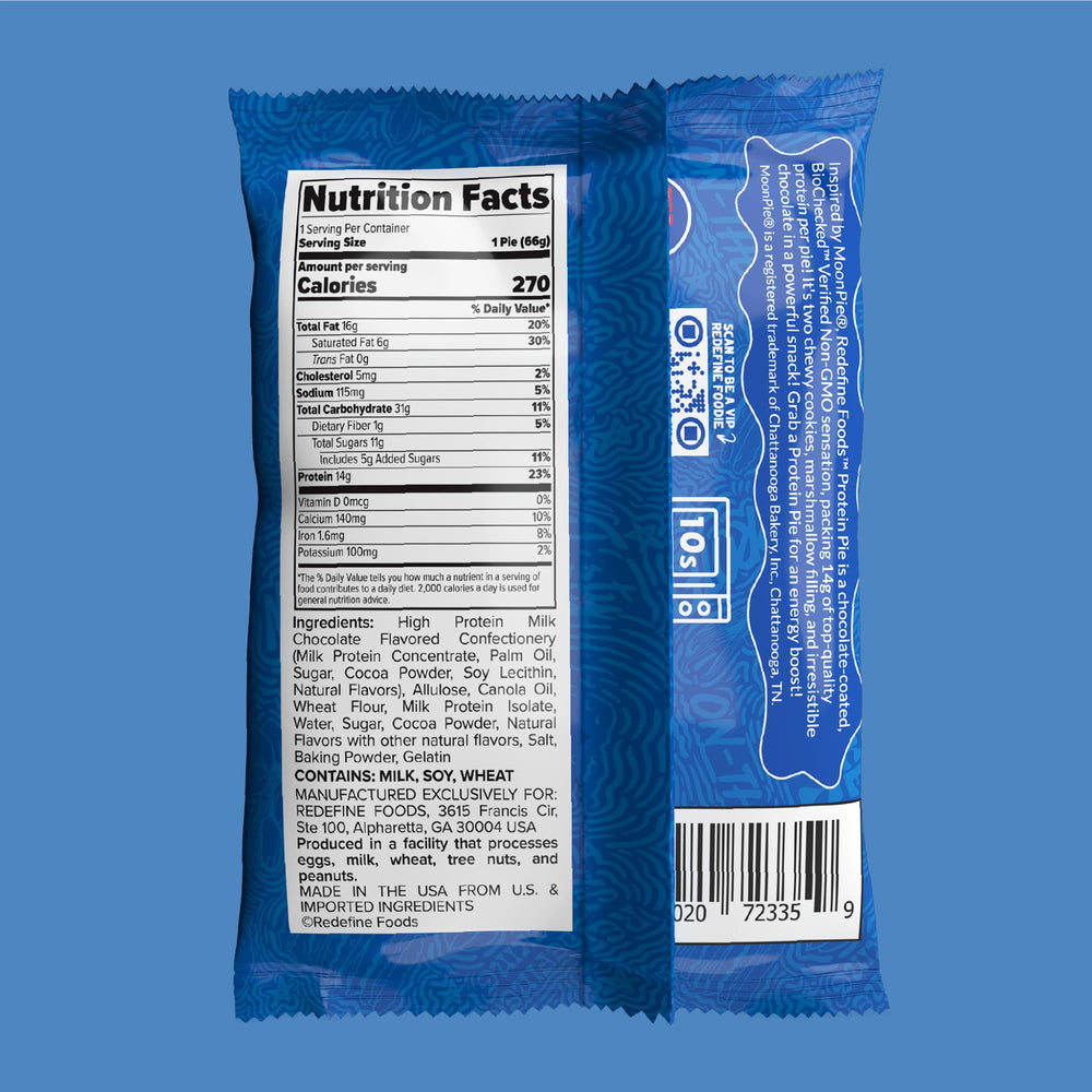 REDEFINE Protein Pie MoonPie Chocolate pack open, showing two cookies and marshmallow core.