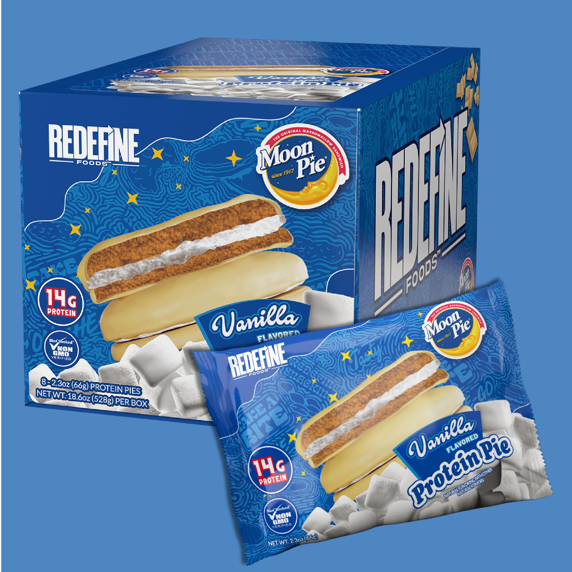 REDEFINE Protein Pie Vanilla eight-count box on kitchen counter for quick treats