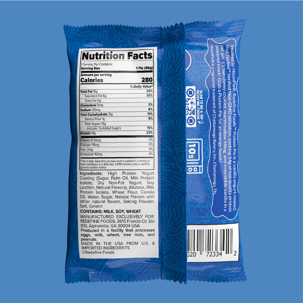 REDEFINE Protein Pie Vanilla non-GMO label close-up communicates clean ingredients