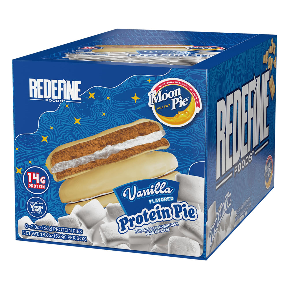 REDEFINE Protein Pie Vanilla packaging shows an eight-count box for easy snacking