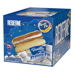 REDEFINE Protein Pie Vanilla packaging shows an eight-count box for easy snacking