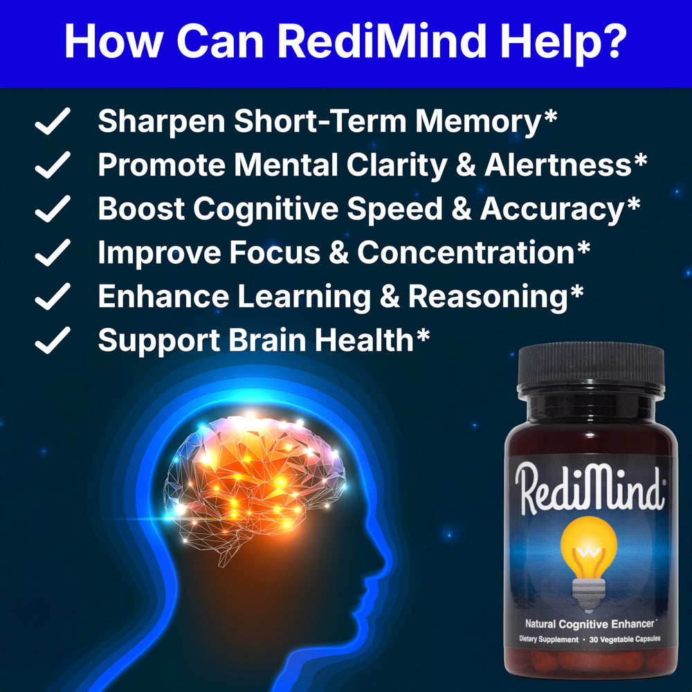RediMind bottle label close-up highlights ingredients and quality