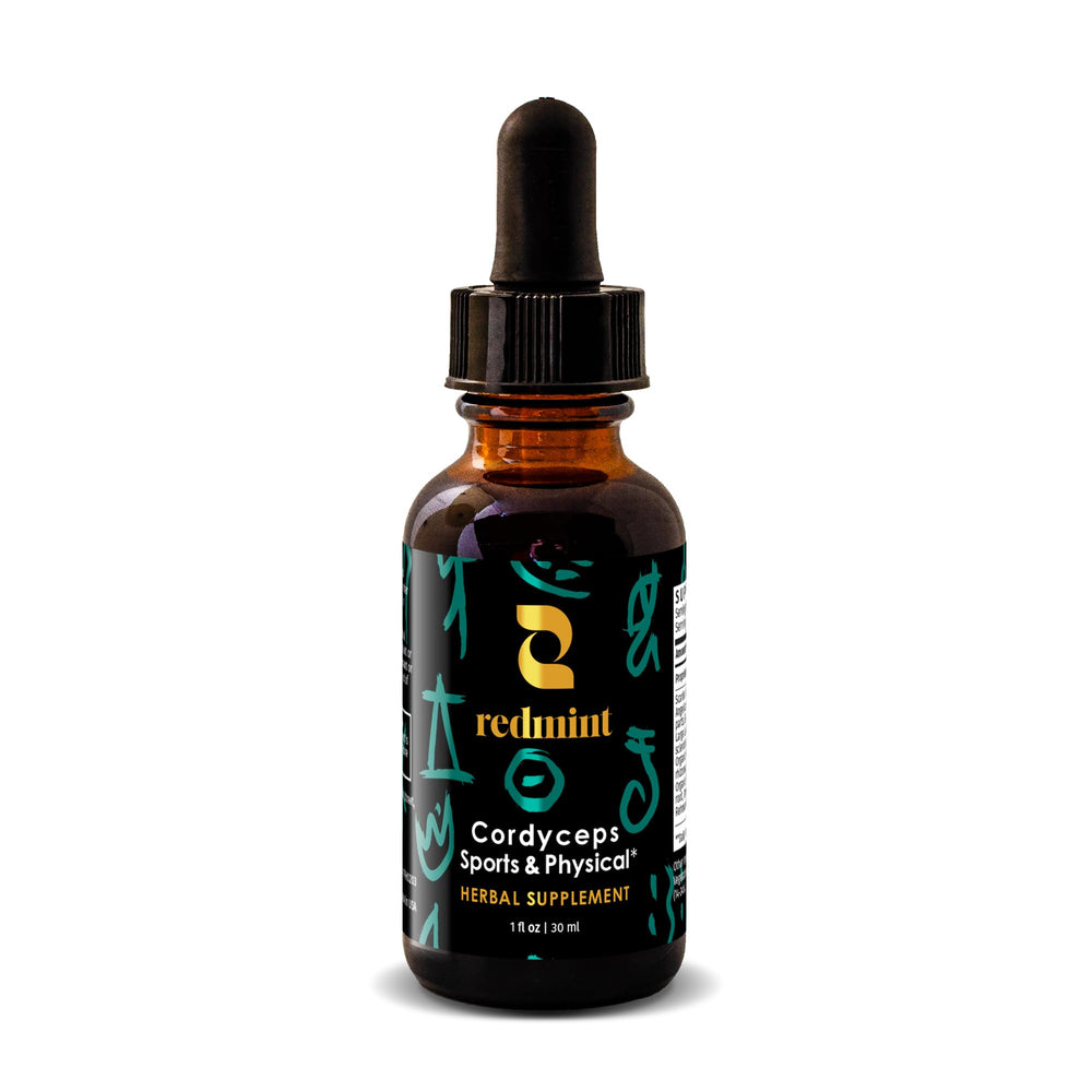 Redmint Cordyceps bottle front with premium tincture for daily energy support.