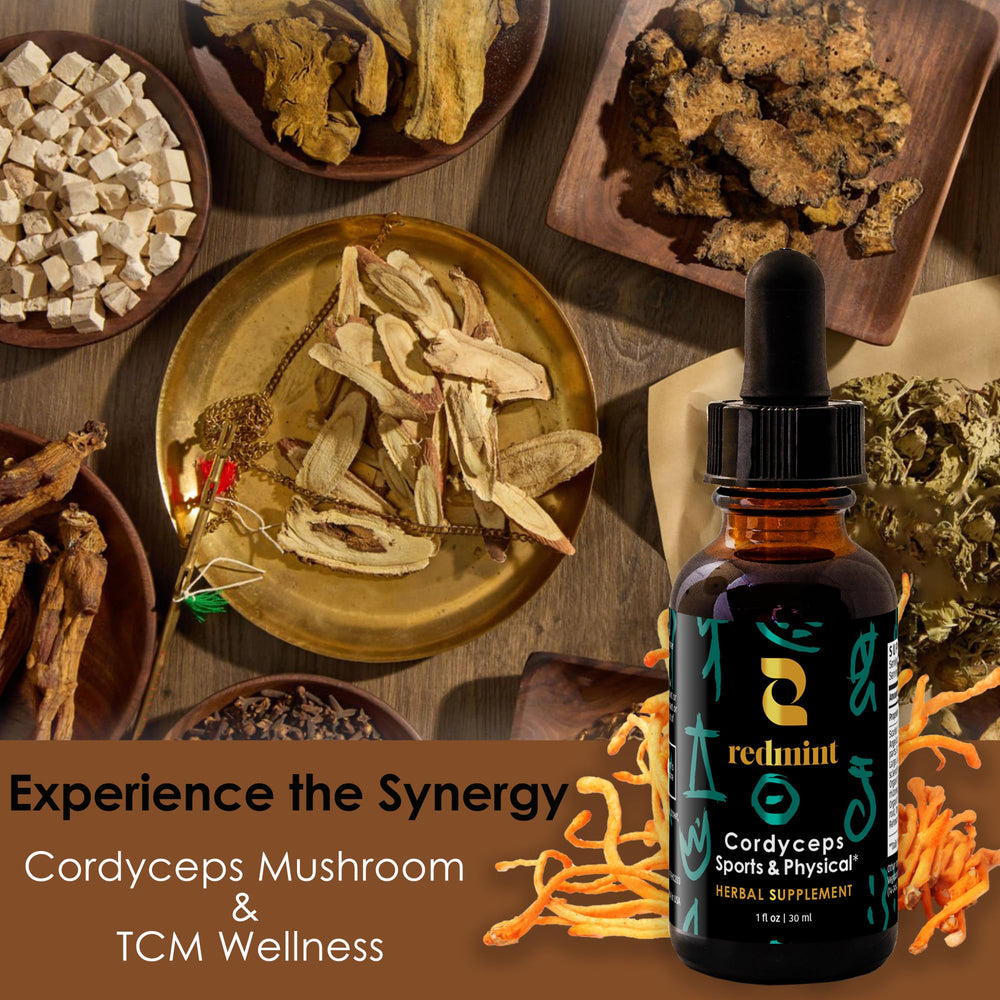Redmint Cordyceps bottle on a wooden surface for everyday use.