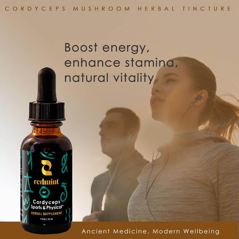 Redmint Cordyceps glass with drops ready for consumption.