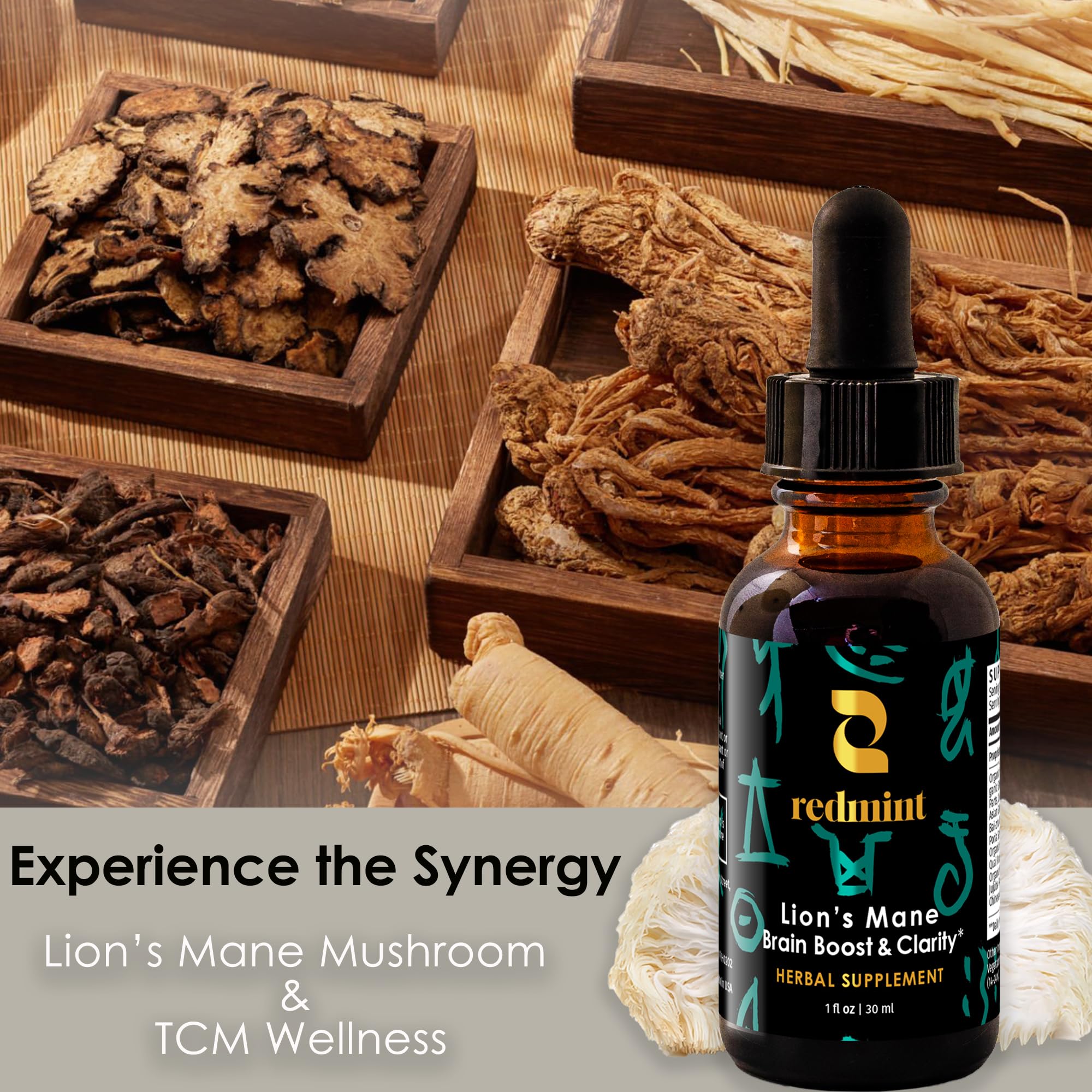 Redmint Lion's Mane tincture on desk for study focus.