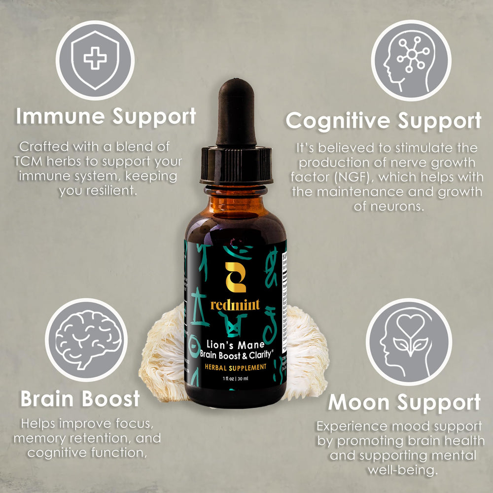 Redmint Lion's Mane tincture liquid amber color supports fast absorption.