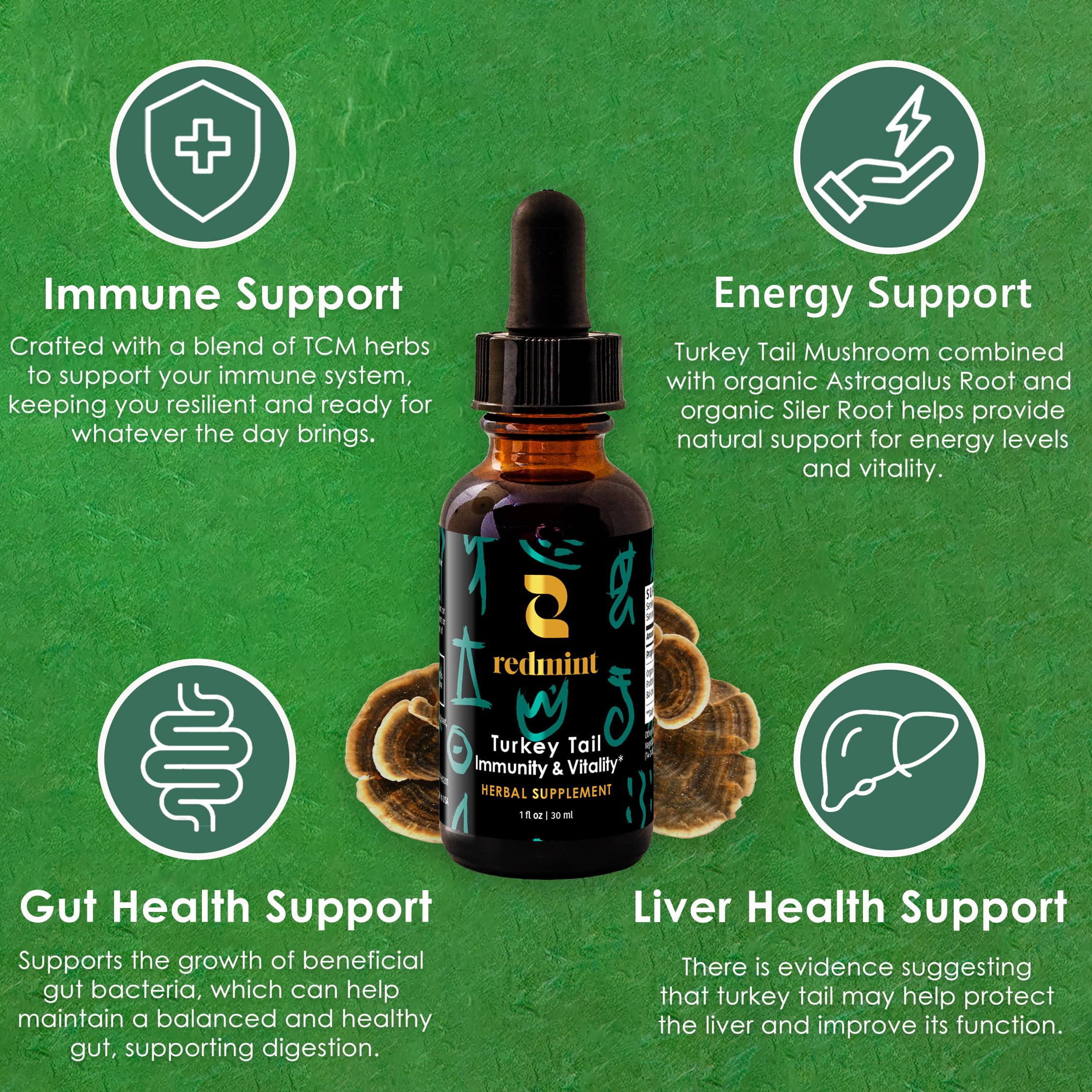 Redmint Turkey Tail ingredients label features astragalus and Bai Zhu.