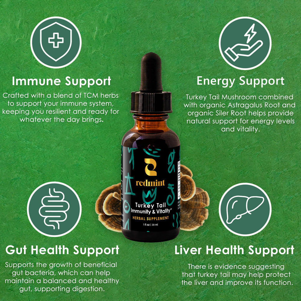 Redmint Turkey Tail ingredients label features astragalus and Bai Zhu.