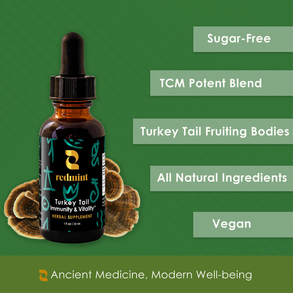 Redmint tincture close-up on label highlighting traditional herbs.