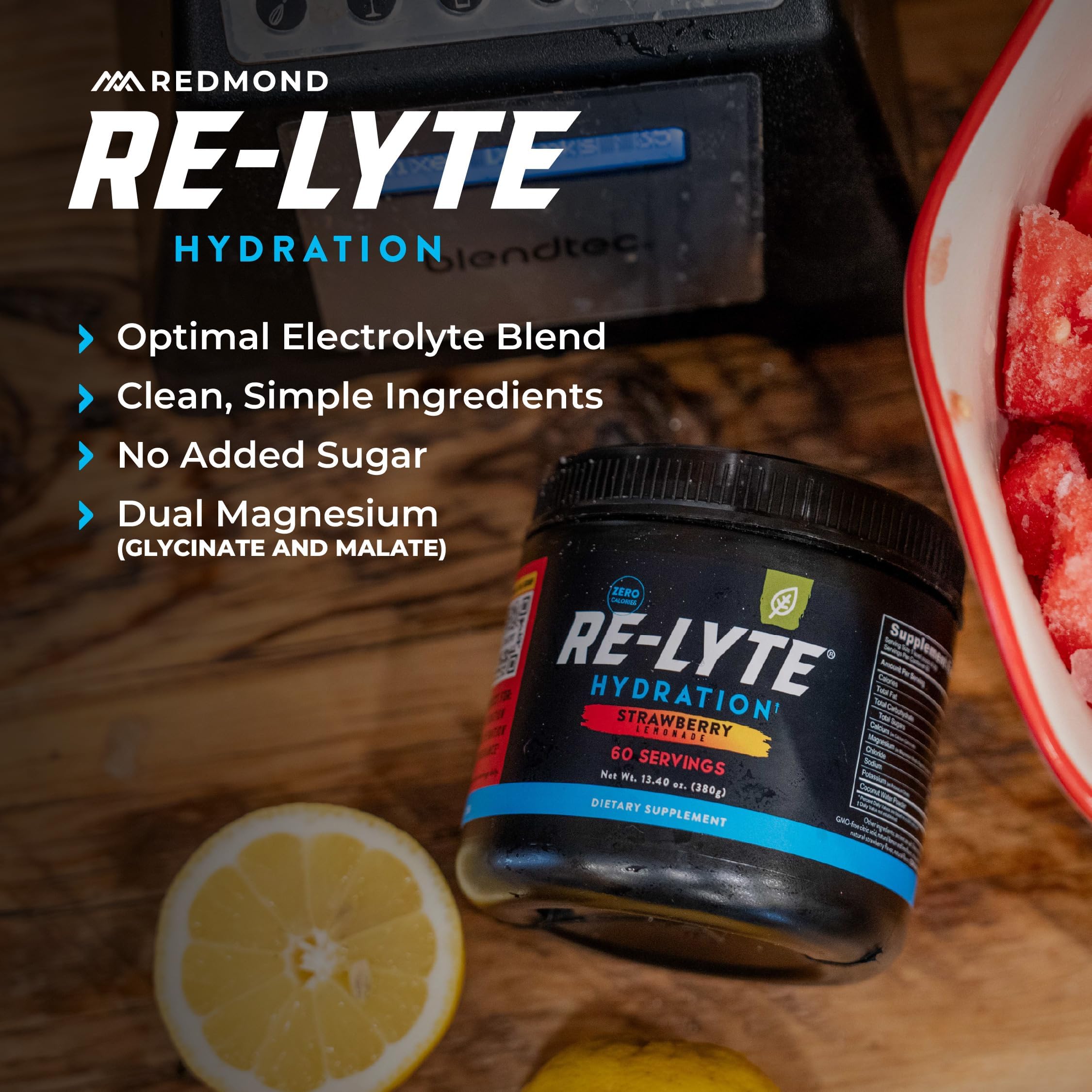 REDMOND Re-Lyte glass with ice shows a refreshing strawberry lemonade drink.