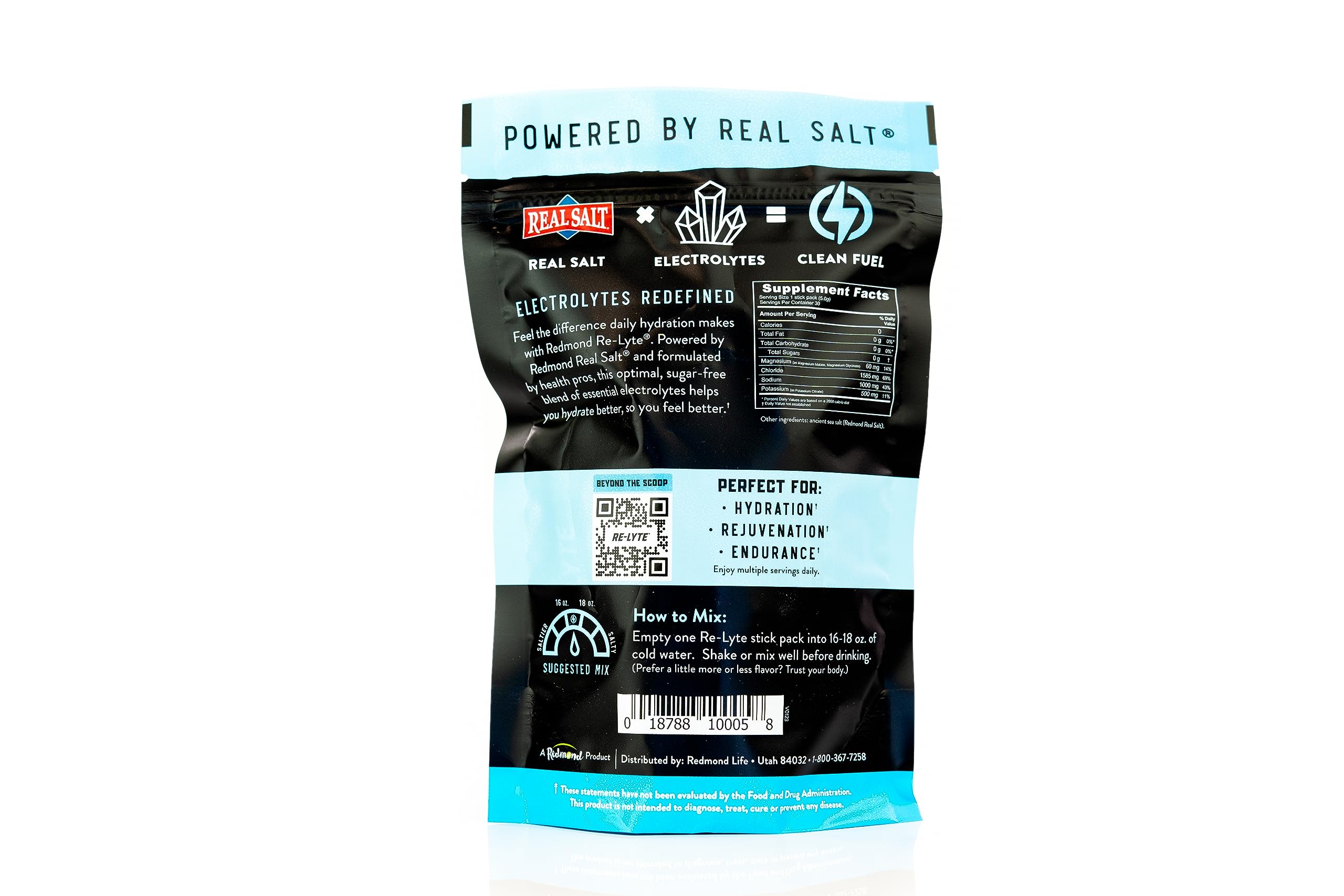 Redmond Re-Lyte unflavored powder being mixed for customizable hydration.