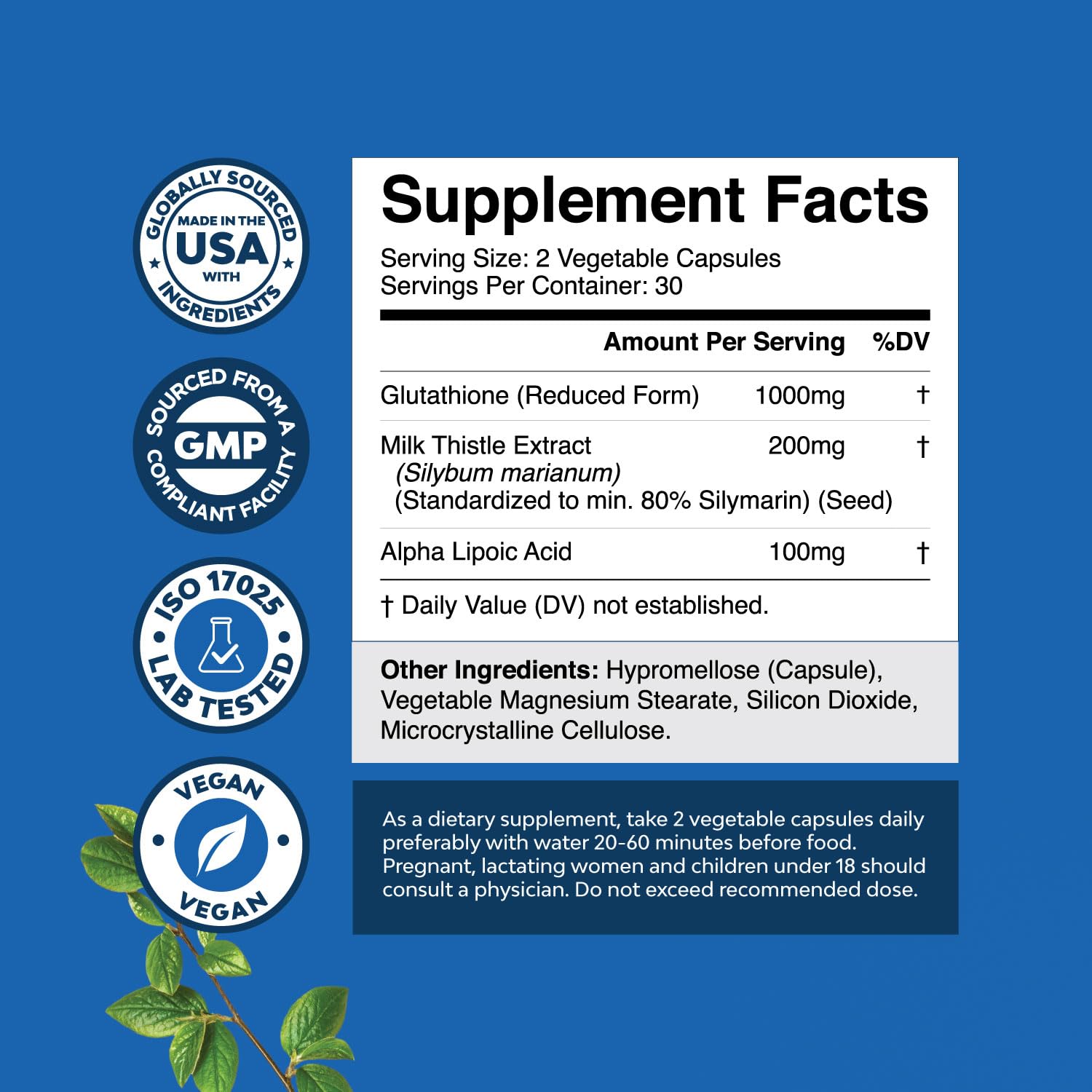 Reduced Glutathione with Milk Thistle capsules close-up highlights the 1000mg dose