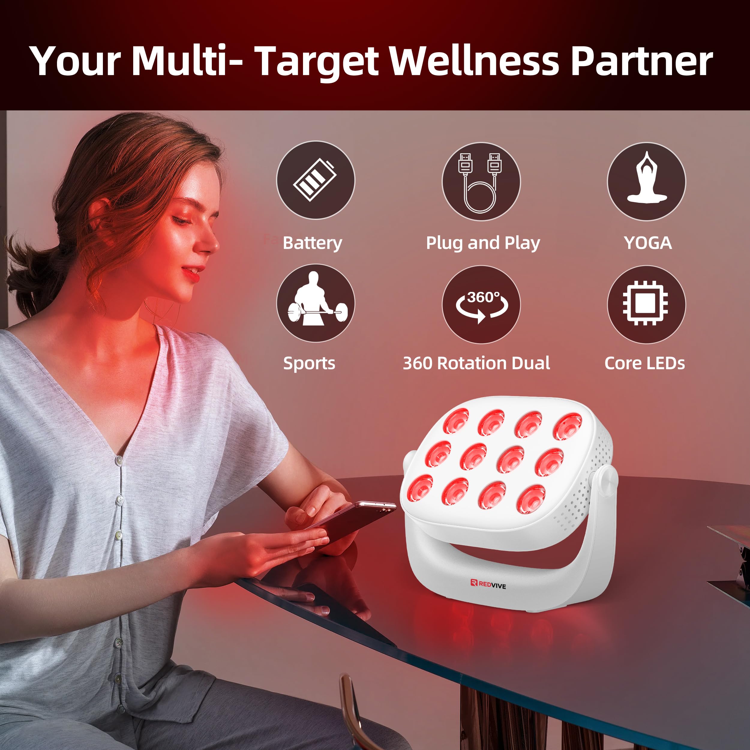 Redvive mobile therapy device battery display highlights long cordless use on the go.