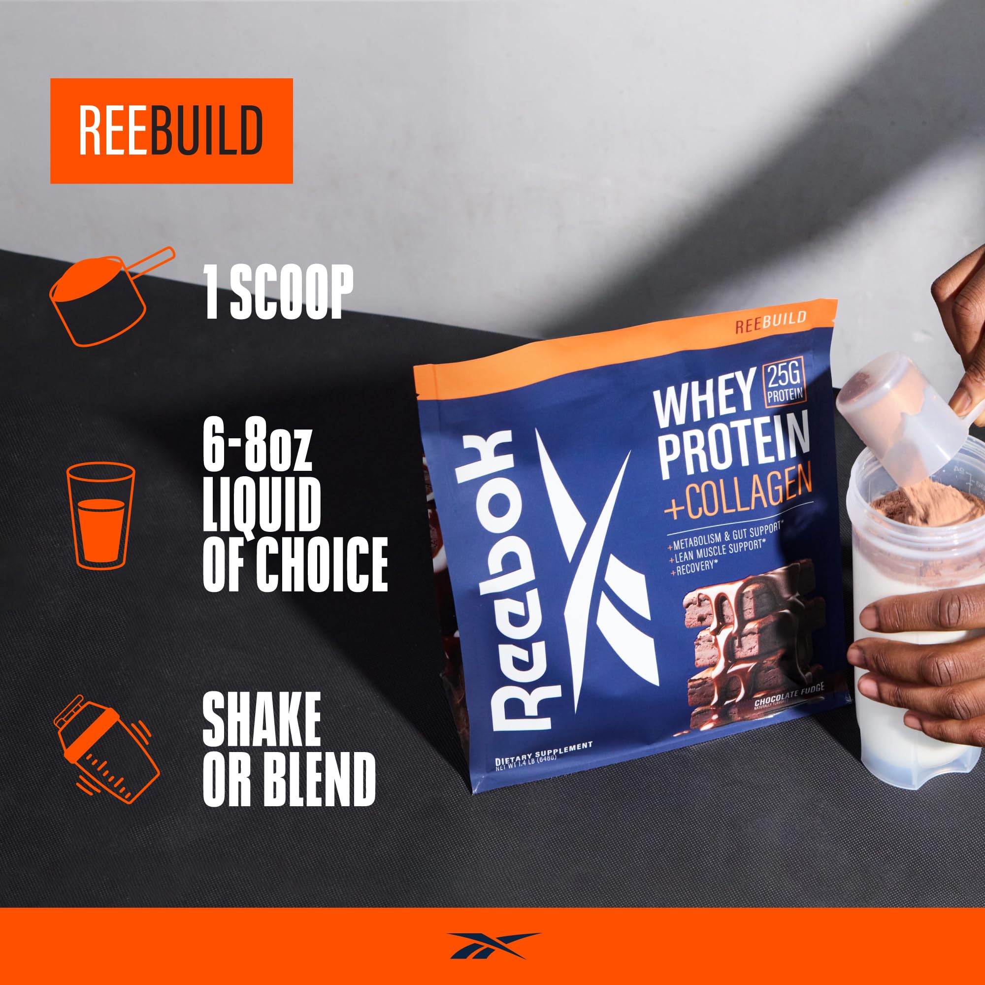 Reebok ReeBuild shake after workout on gym bench for recovery routine