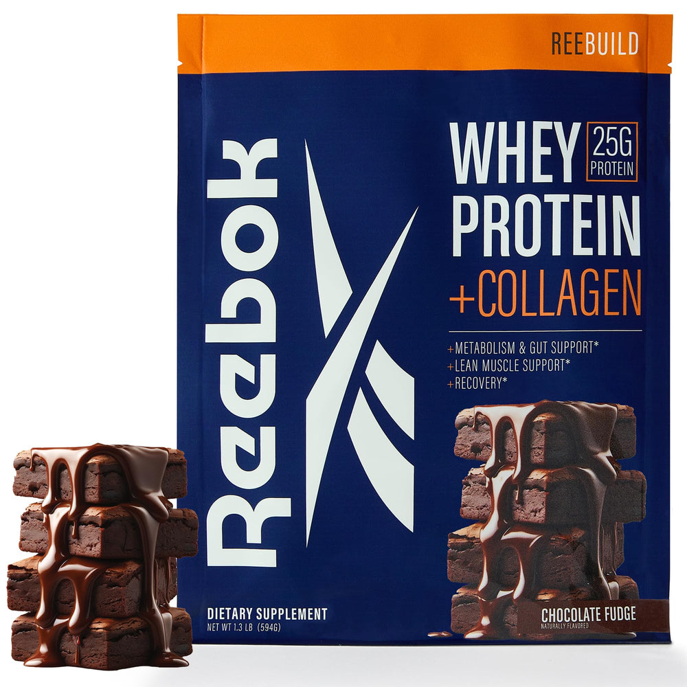 Reebok ReeBuild tub front view showing 25g protein blend for daily support