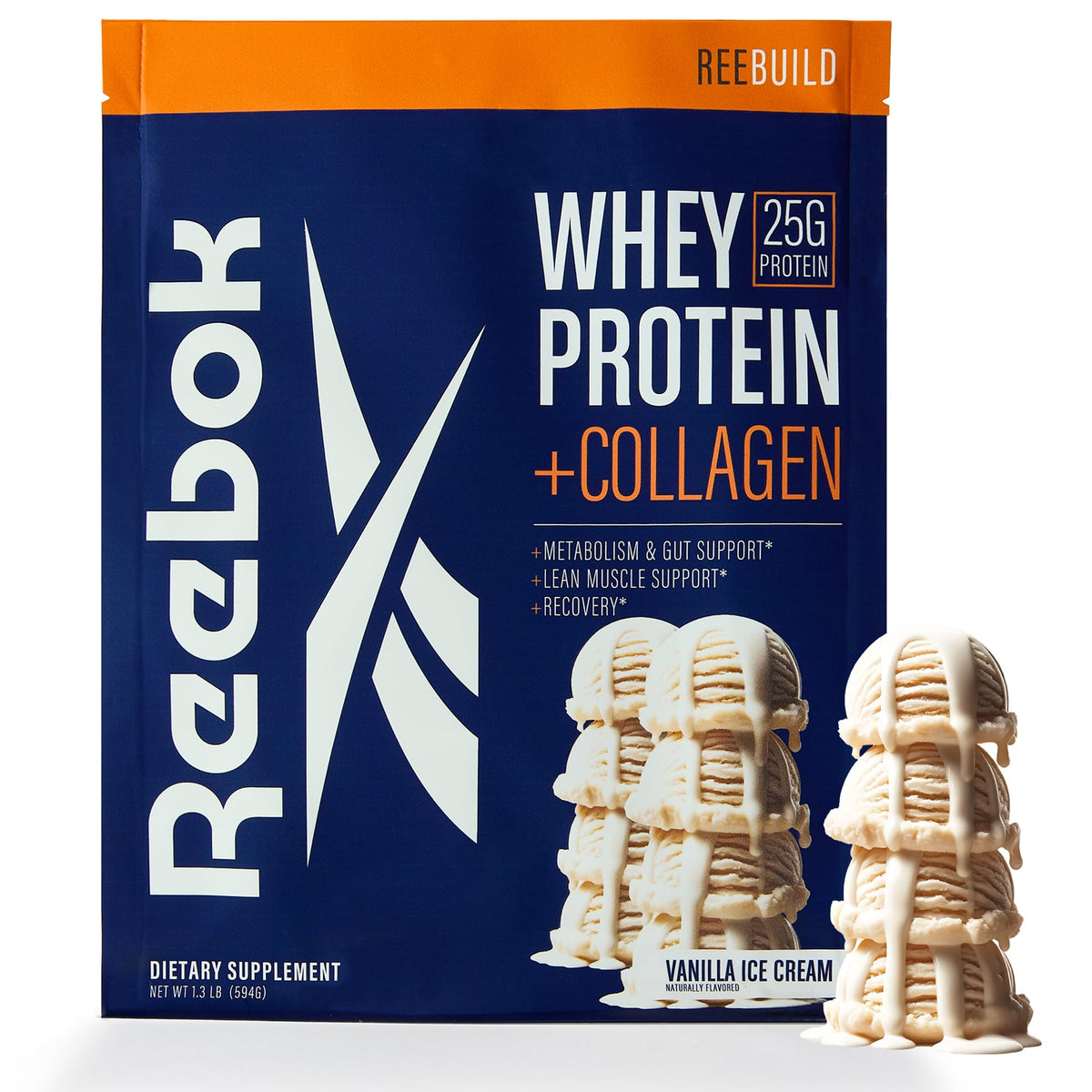 Reebok REEBUILD vanilla ice cream tub showing protein-collagen blend for recovery