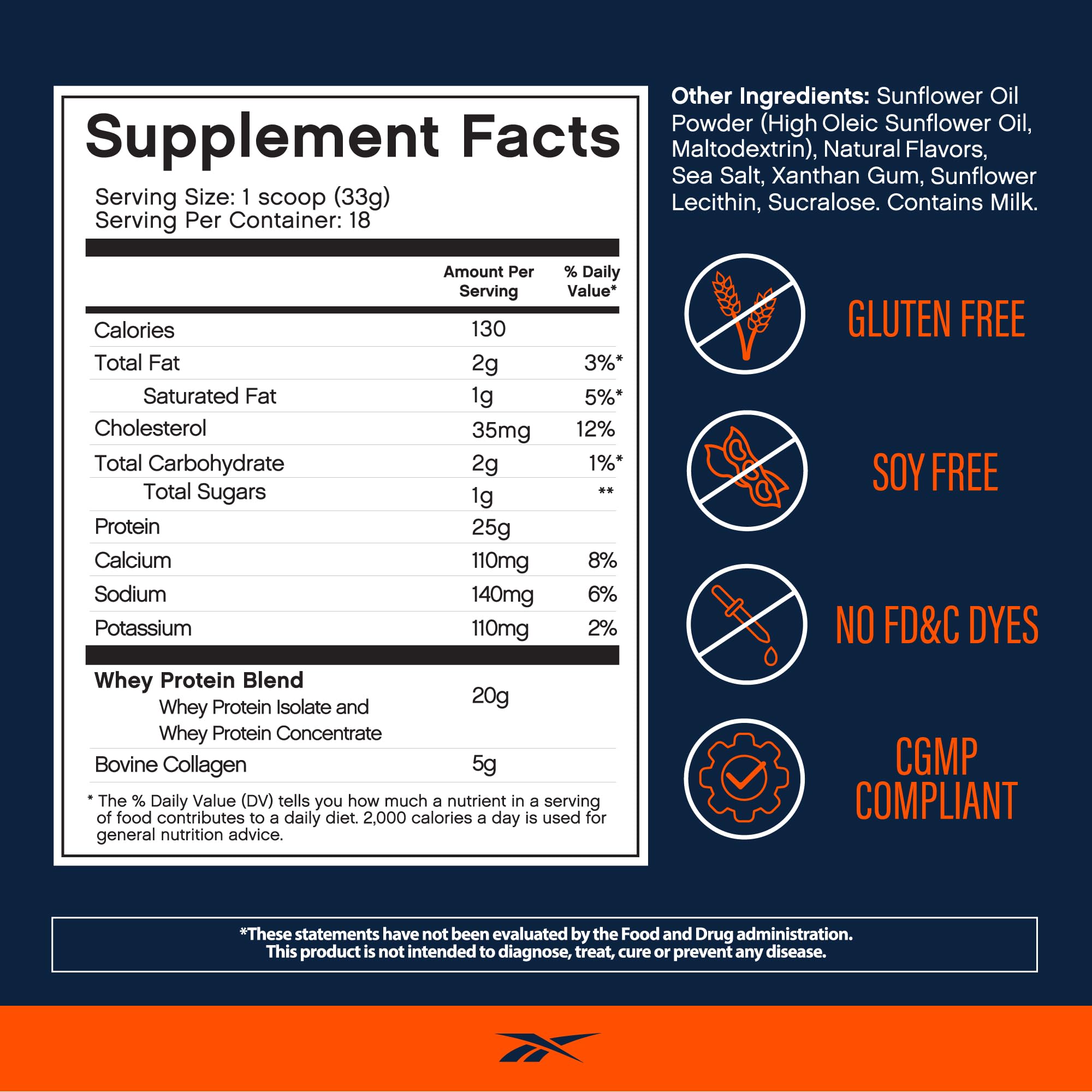 Reebok REEBUILD label close-up emphasizing 25g protein and amino acids