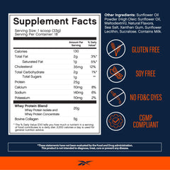 Reebok REEBUILD label close-up emphasizing 25g protein and amino acids