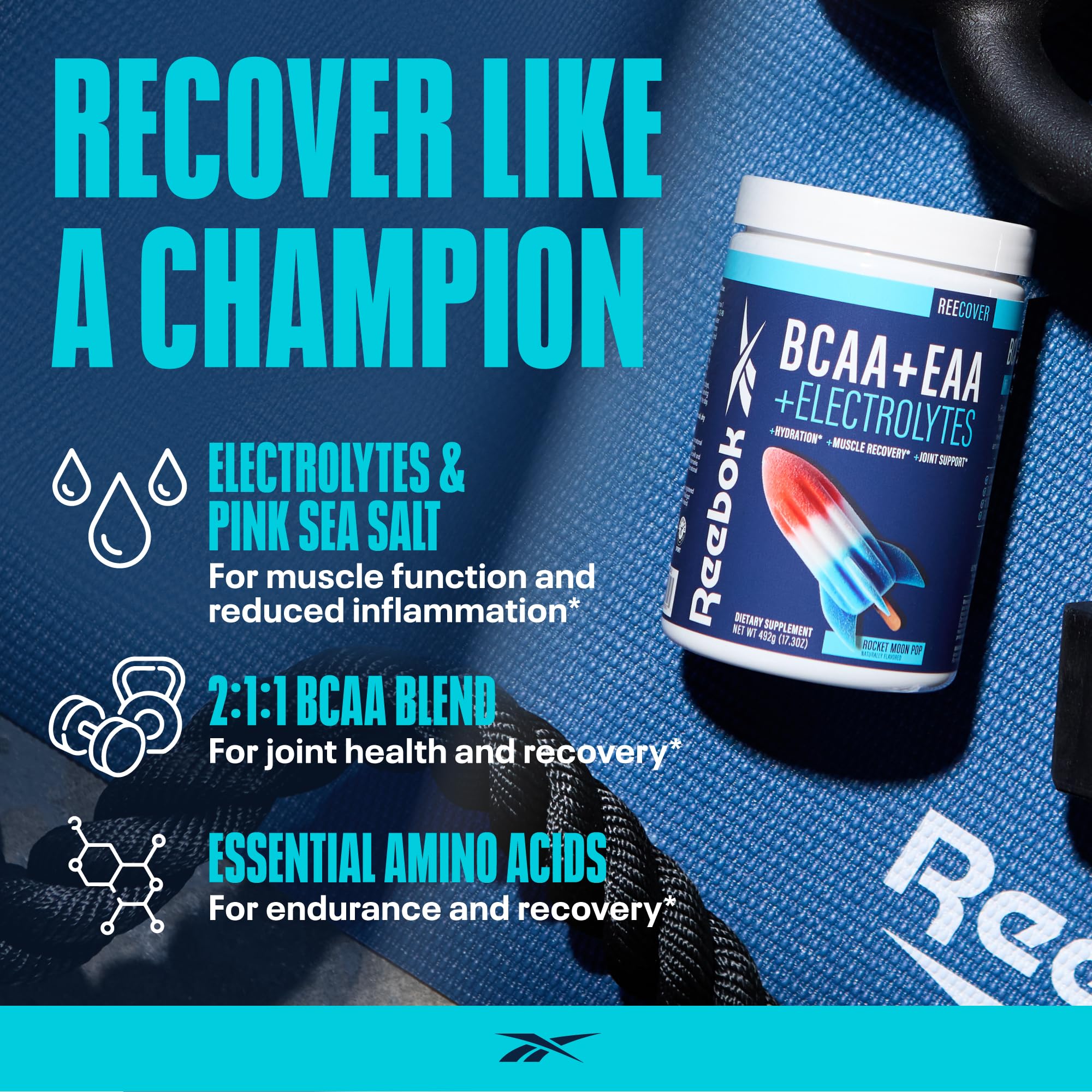 Reebok REECover rocket moon pop label showcases flavored recovery boost after training.