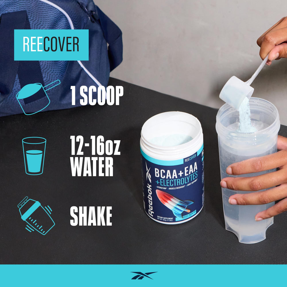 Scoop and powder of REECover ready to mix strawberry lemonade flavor.