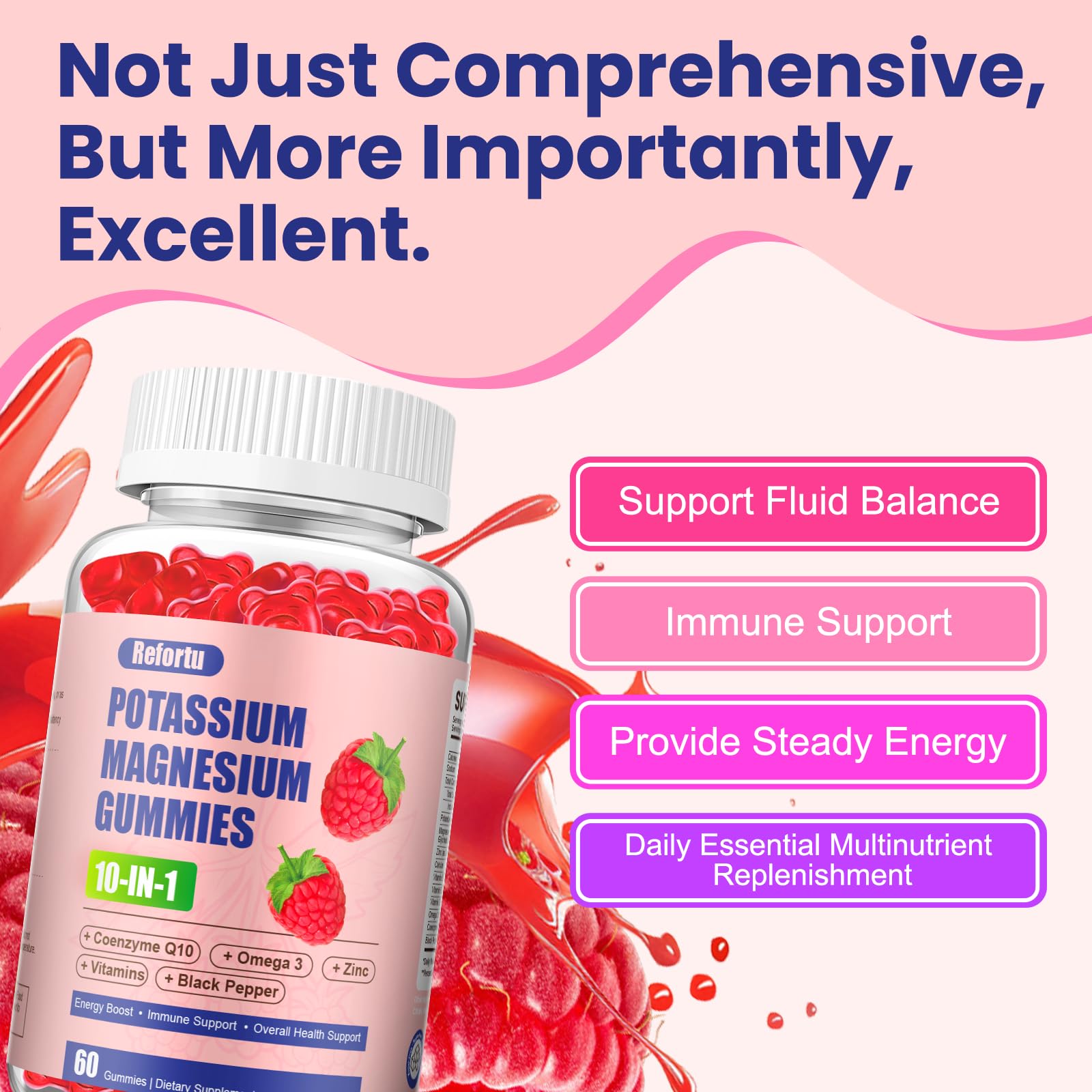 Ingredients panel of Refortu gummies highlighting magnesium, potassium, zinc, and CoQ10.