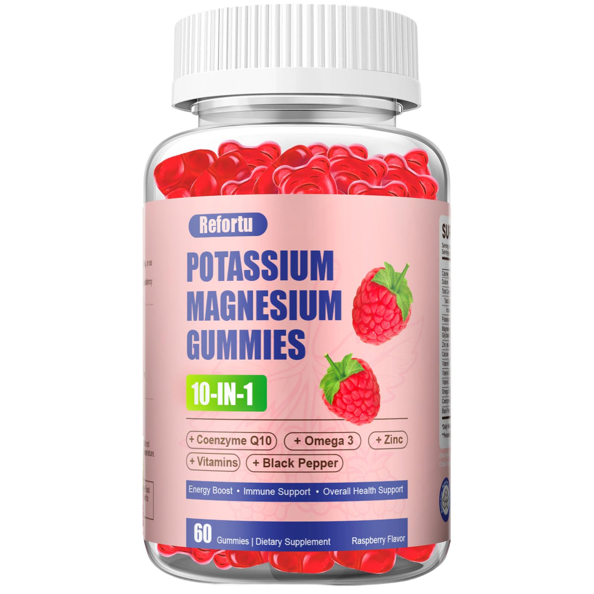 Refortu Potassium Magnesium Gummies bottle front with raspberry flavor for daily energy support.
