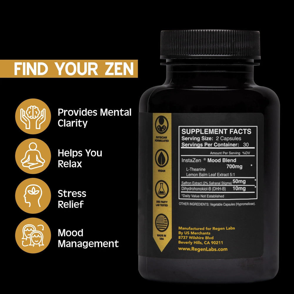 Regen Labs Instazen capsules close-up emphasizing mood support with herbal formula.