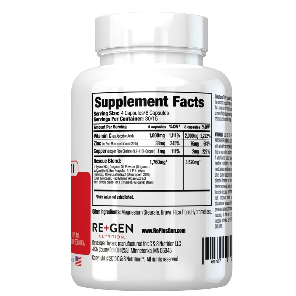Re+Gen Nutrition H Rescue capsules stack showing 120-count bottle.