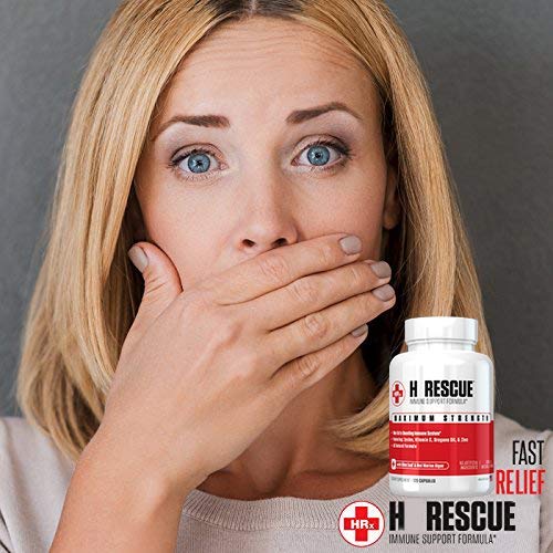 Re+Gen Nutrition H Rescue bottle label displaying zinc, vitamin C, oregano oil—immune support ingredients.