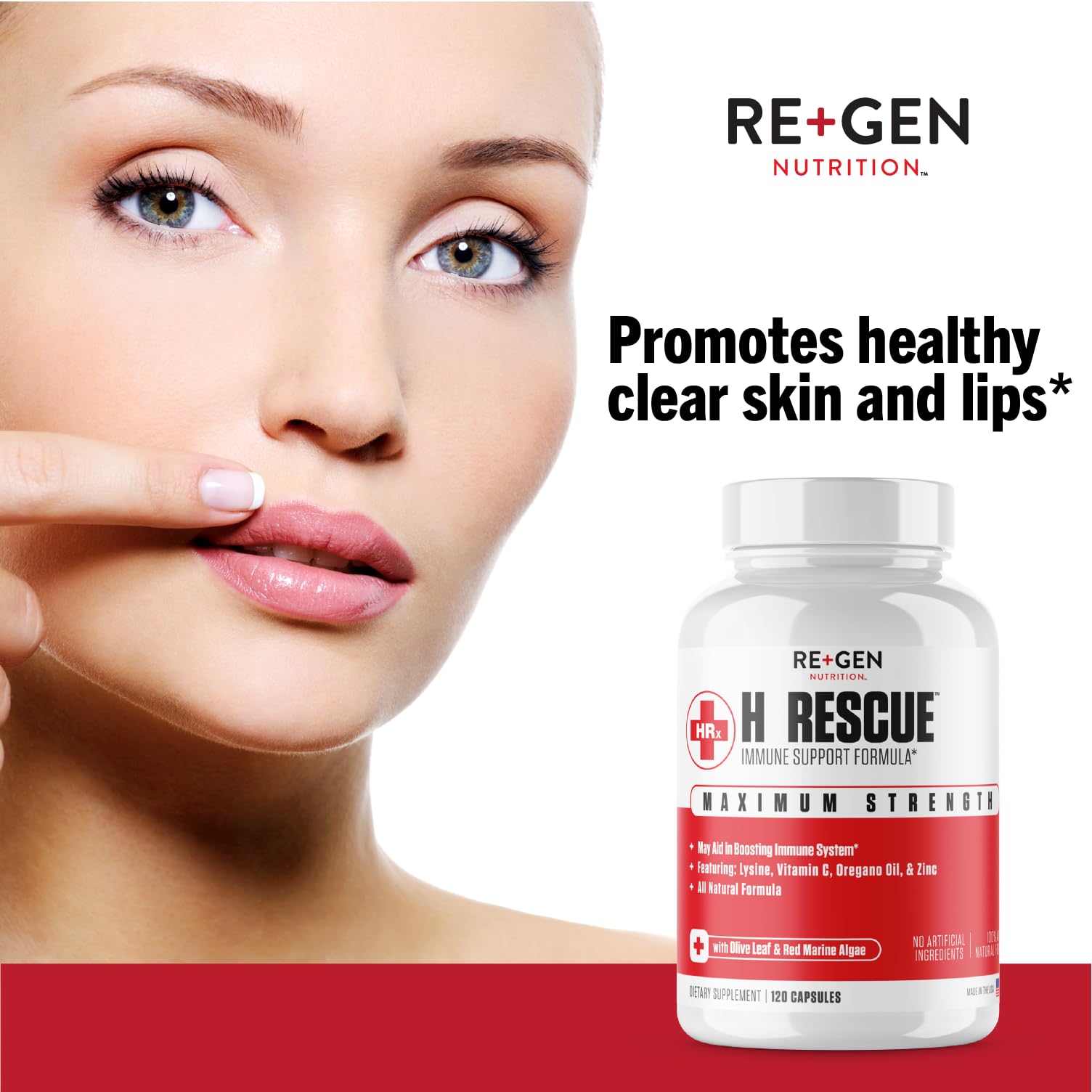Re+Gen H Rescue capsules being poured into hand illustrating daily wellness routine.