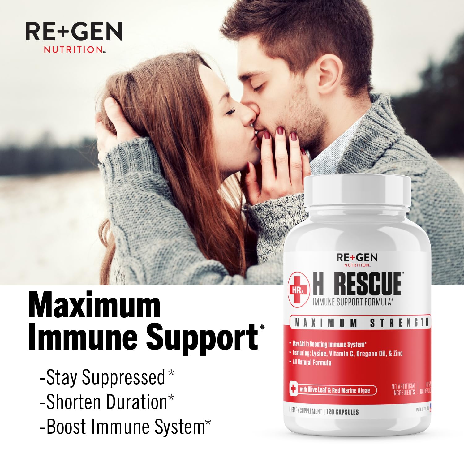 Re+Gen H Rescue ingredients list visual highlighting lysine and essential nutrients.
