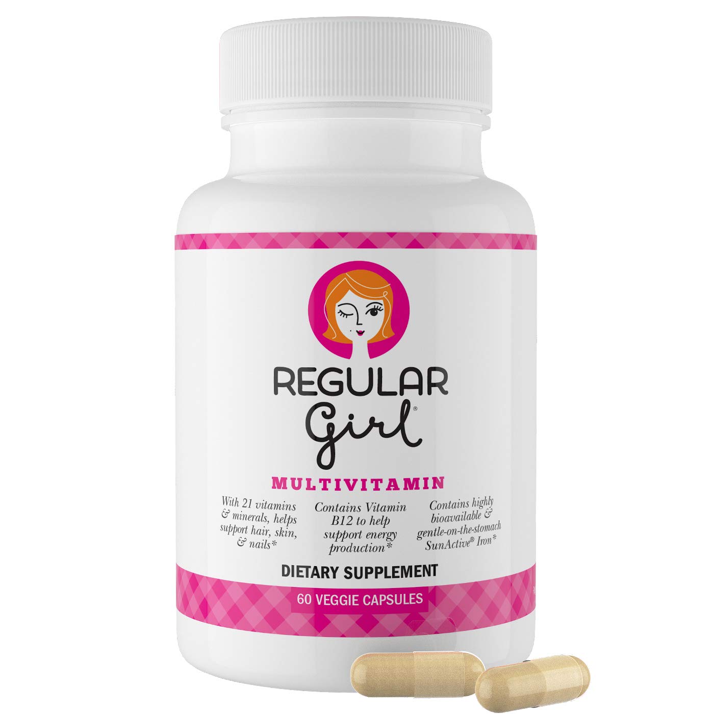 Regular Girl multivitamin bottle shows comprehensive nutrients for daily energy.
